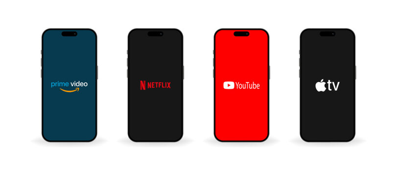 Movie service icons on the iPhone screen. Amazon, Netflix, YouTube, Apple movie platform logos. iPhone screen mockup interface. Film services on the smartphone screen. Vector icons