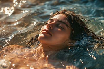 Serene woman floating in sunlit sea water. Generative AI image