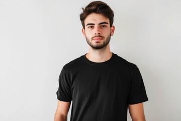 Fototapeta premium Black T-Shirt Mockup On White Background: Man Wearing Black T-Shirt