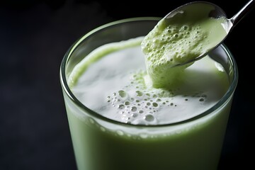 A close-up of milk being blended with a spoonful of matcha powder, creating a vibrant green drink.