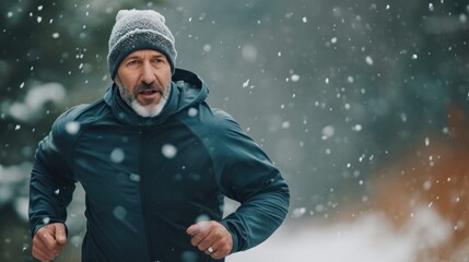 Man running and exercising outside on a cold and snowy day. website header creative banner Image copy space