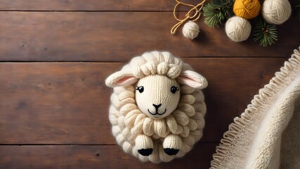 Obraz premium Top view of a knitted cute sheep on a cozy wooden background with yarn. Background for handmade products and yarn 