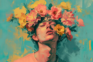 Surreal portrait of person entwined with vibrant flowers Generative AI image