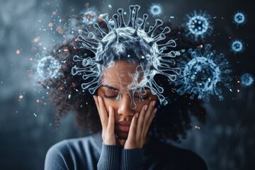 Cognitive Challenges And Visual Impairments Persist After Covid, Dubbed Brain Fog. Сoncept Work From Home Productivity Tips, Mental Health Awareness, Remote Learning Strategies - obrazy, fototapety, plakaty