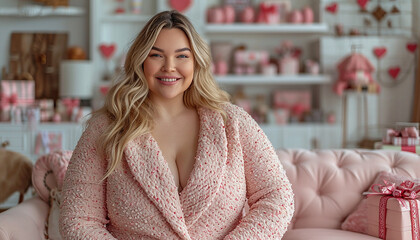 valentine's day or women's day concept - portrait of surprised beautiful and elegant plus size blonde woman in a living room decorated for valentines day