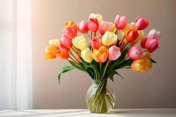 A bouquet of multi-colored tulips in a glass vase on a white background near the window