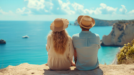 Couple with straw hats chilling enjoying beautiful views over the ocean, generative ai