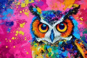 Colorful Owl Painted With Splattered Paint Technique On Vibrant Background. Сoncept Abstract Art, Wildlife Painting, Colorful Owl, Splatter Paint Technique, Vibrant Background