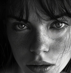 Naklejka premium Black and white style close up sensual seductive portrait of a young attractive woman, minimalism as a trend. Freckles on the face, juicy lips and a look directly in the eyes.