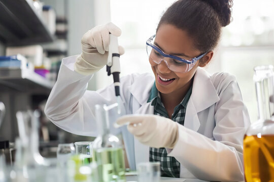 Generative AI illustration of joyful female scientist is using a pipette to transfer a substance in a bustling laboratory setting - Powered by Adobe