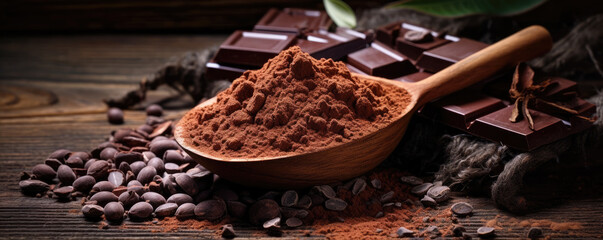 Cocoa powder and chocolate tables in wide banner shape, copy space for text - obrazy, fototapety, plakaty