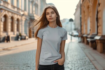 Woman In Light Gray Tshirt On The Street, Mockup