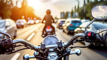 An exhilarating motorcycle ride through the bustling city traffic, where every maneuver is a thrilling challenge.