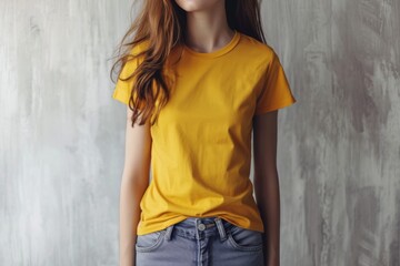 Woman In Yellow Tshirt On White Background, Mockup