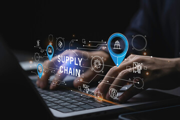 Businessman analyzing business growth global logistics network distribution. Innovative automation and logistics for future commerce, efficient warehouse management and delivery Solutions.