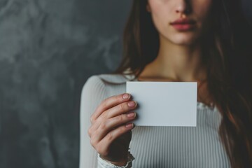 Naklejka premium Mysterious Woman Holding A Blank Business Card On A Dark Gray Background