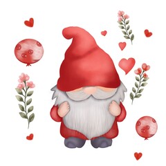 Watercolor cute pink valentines gnome. Cartoon love character illustration. Valentine's day greeting, card, invitation, flyer