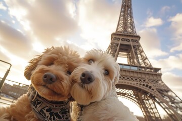 Furry Friends Capture A Pictureperfect Moment Beneath The Iconic Eiffel Tower. Сoncept Romantic Sunset Engagement Shoot, Vintage-Inspired Wedding Portraits, Dreamy Bohemian Maternity Session - Powered by Adobe