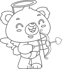 Outlined Cute Valentine Bear Cupid Cartoon Character With Bow And Arrow. Vector Hand Drawn Illustration Isolated On Transparent Background