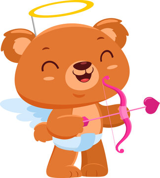 Cute Valentine Bear Cupid Cartoon Character With Bow And Arrow. Vector Illustration Flat Design Isolated On Transparent Background