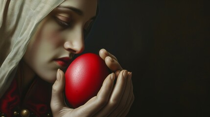 Fototapeta na wymiar Mary Magdalene holds a red egg in her hand - a symbol of her faith in God, and now a symbol of Easter