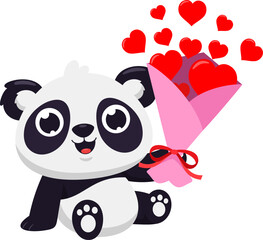 Fototapeta premium Cute Valentine Panda Bear Cartoon Character Holding Gift Bouquet With Red Hearts. Vector Illustration Flat Design Isolated On Transparent Background