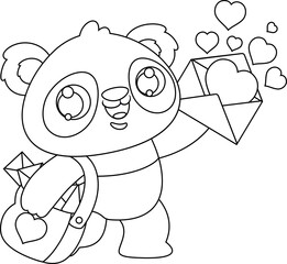 Outlined Cute Valentine Panda Bear Postman Cartoon Character With Love Letters. Vector Hand Drawn Illustration Isolated On Transparent Background