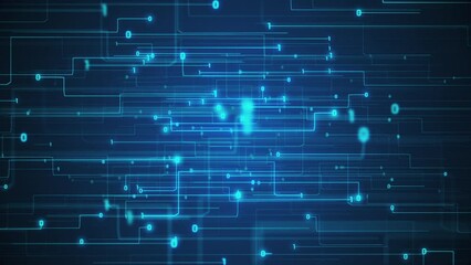 Abstract tech digital circuit board background with streaming digital data nodes and binary code ones and zeros with glitch effect. This modern data technology motion background is a seamless loop. - Powered by Adobe