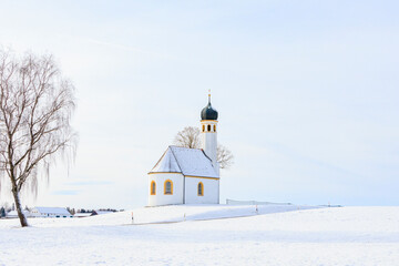 The Catholic chapel of St Maria near Moorenweis in Bavaria in Germany on a winter's day with...