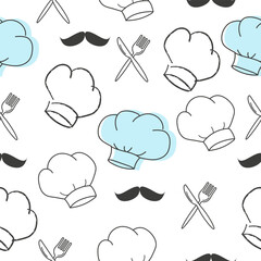 Chef hat, moustache, knife, fork seamless pattern hand drawn vector illustration. Line headdress on white background