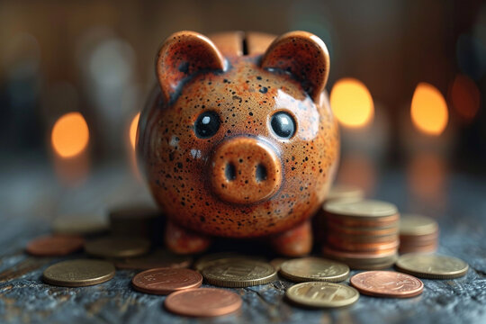 Piggy bank and coints on table