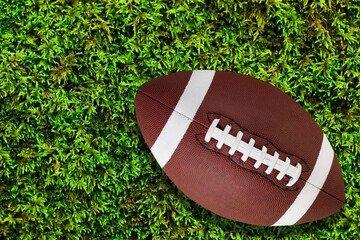 Classic American football ball at green grass