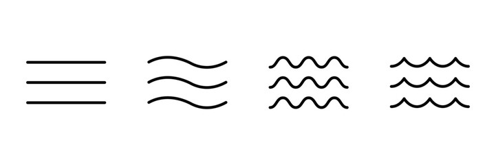 Water wave, line icon set. Sea, river, ocean, swimming pool symbol. Calm, still and rough water. Wavy element. Vector outline - obrazy, fototapety, plakaty
