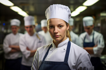 Generative ai portrait of beautiful female chef in professional kitchen setting