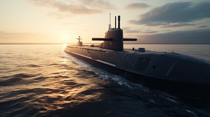 Heavy atomic submarine floating in ocean. Excellent aerials over a submarine at sea.