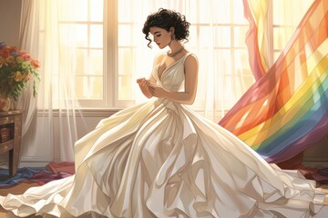 illustration of a lesbian trying on wedding dress with a hint of LGBTQ  flag - obrazy, fototapety, plakaty