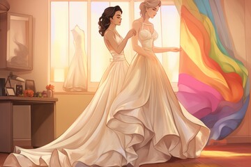 illustration of a lesbian couple trying on wedding dress with a hint of LGBTQ  flag - obrazy, fototapety, plakaty