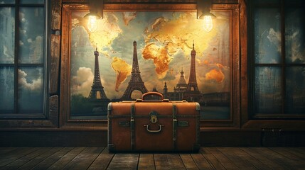 Wanderlust Chronicles: Vintage Suitcase, World Map, and the Journey Begins.