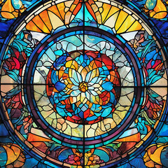 The image is a colorful stained glass window with a symmetrical circular pattern. It is likely found in a church and features vibrant colors and intricate design.