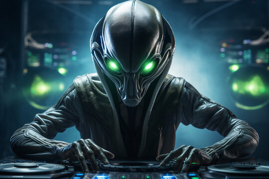 Dj person girl guy on stage turning on best music beat headphones turntable equipment Generative AI