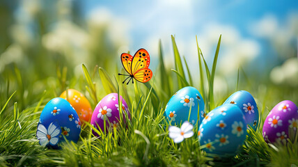 Happy easter day banner, Easter eggs in meadow with blurred background