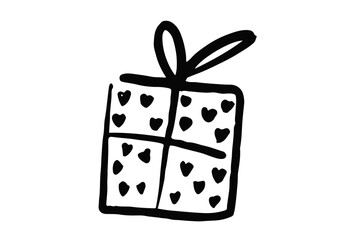 Gift box with hearts hand drawn illustration. Present with ribbon. Valentine's Day element. 