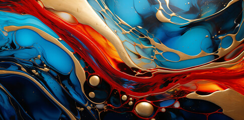an abstract image of a blue and gold liquid, in the style of photorealistic details, light gold and red, dark turquoise and dark amber, abstraction-création, resin, calming 