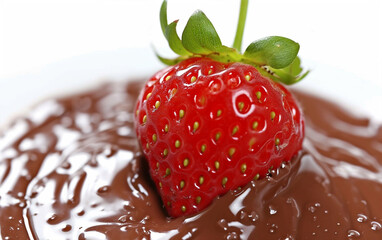 Strawberry dipped in chocolate fondue on white background, ai technology