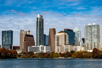 Austin, Texas downtown skyline view over town lake.