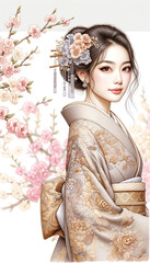 ベージュに金糸の刺繍の着物を着て微笑む美しい日本人女性