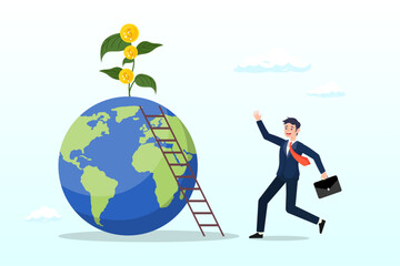 Businessman about to climb up ladder on globe to reach money plant, global investment opportunity, world stock mutual funds, international or worldwide company profit growth (Vector)