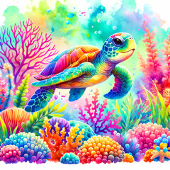 Cute sea turtle, sea background, fish, sea coral, digital watercolor illustration