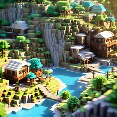 Minecraft inspired village. Minecraft texture world. Generative AI.
