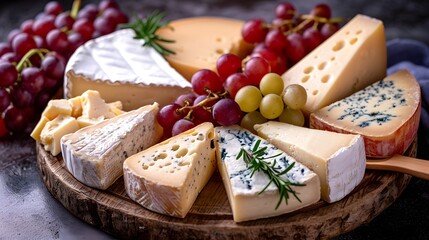 cheese and grapes, a variety of cheeses and grapes are arranged together in a circle on a table top, with a wooden spoon